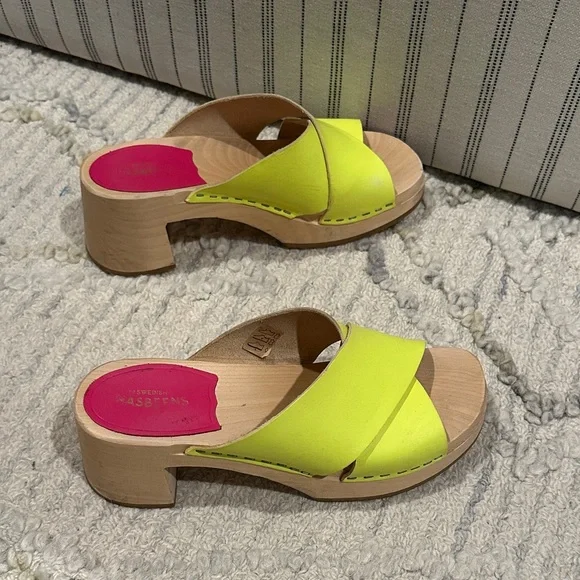 Swedish Hasbeens Neon Yellow Clog Mules - Cross Strap Wood Heel EU 37 - Picture 2 of 6